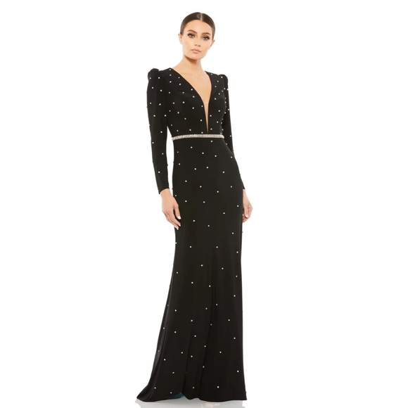 Mac Duggal Belted Jewel Encrusted Plunge Neck Long Sleeve Gown Size 10 NWT - Picture 1 of 17
